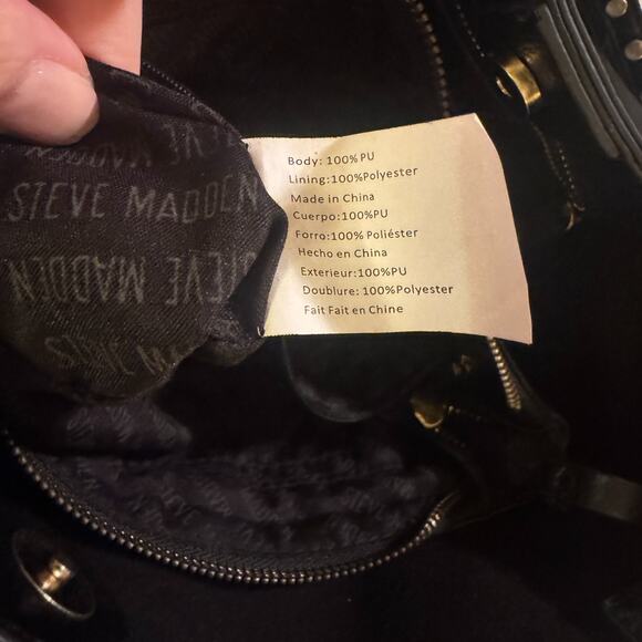 Steve Madden Black Large Shoulder Bag Studded Strap bucket Vegan leather purse - Picture 7 of 7